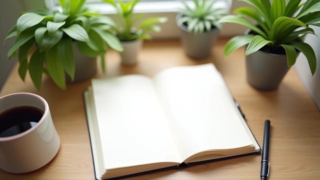 Workspace desk with journal, pen, and plants in natural daylight, organized calm setting
