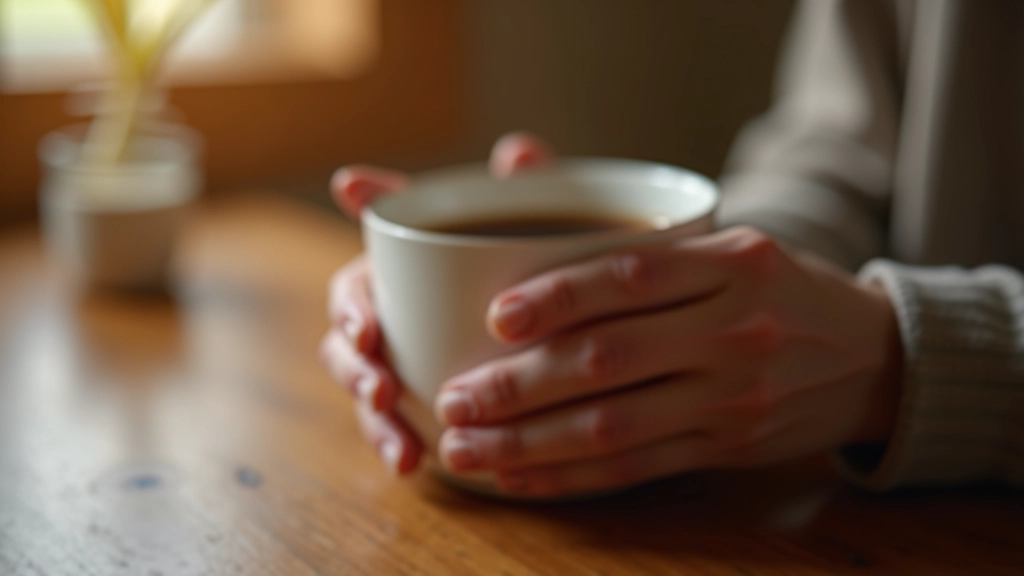 Hands holding warm cup of tea or coffee with calm peaceful background