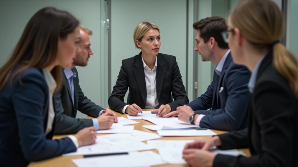 Team of professionals collaborating at conference table during meeting