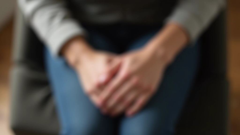 Close-up of person's hands on lap, seated position, calm neutral expression, soft interior lighting with focus on hands and posture