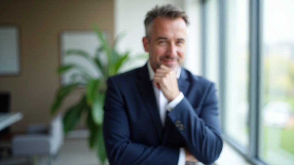 Person in business attire at standing desk looking out window with hand on chin in thoughtful pose
