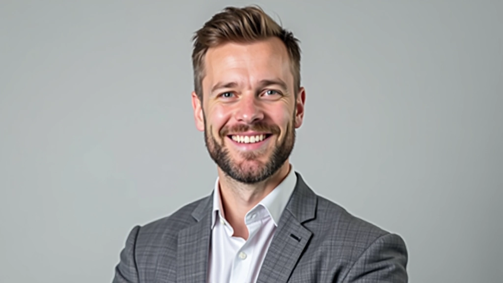 Professional man in grey blazer, portrait from chest up, approachable expression, neutral background