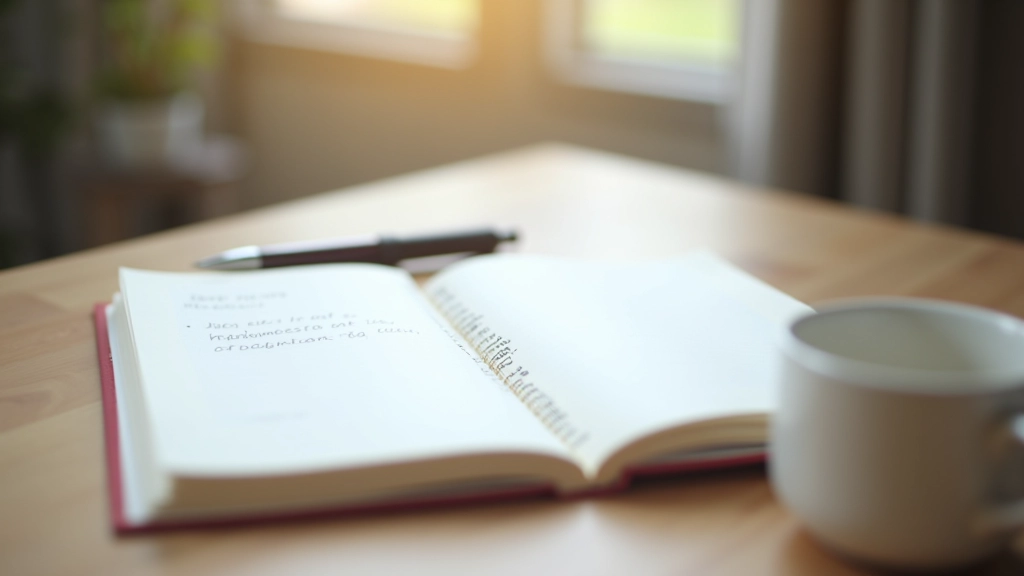 Open notebook with handwritten notes and a pen on wooden desk