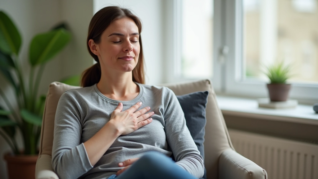 Person sitting calmly in modern home environment, practicing breathing technique with hand on chest