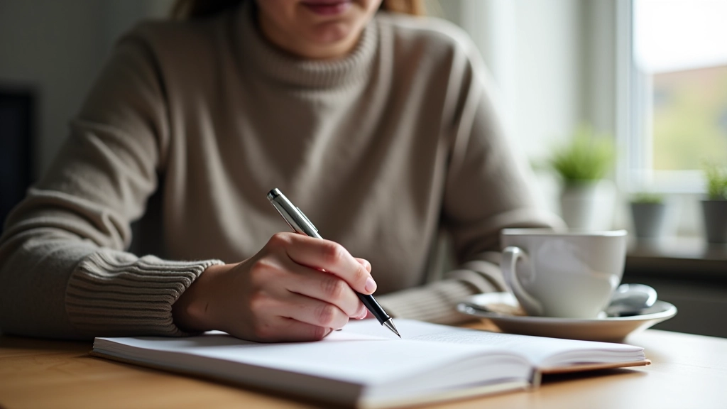 Person writing in journal with coffee on wooden desk in morning light