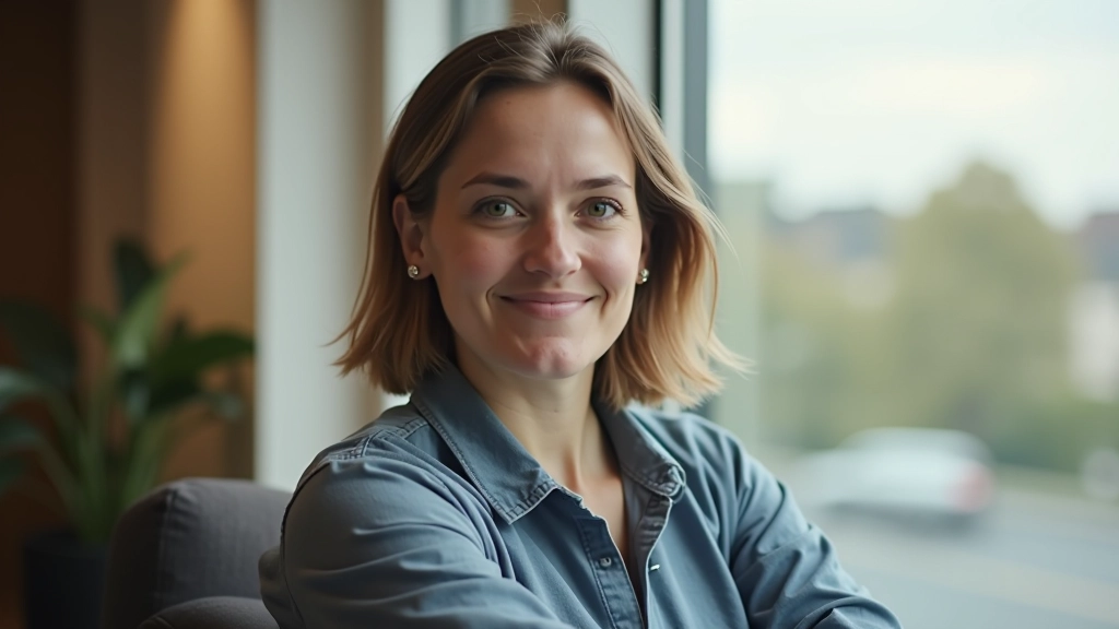 Person sitting peacefully by a window with natural light, calm and composed expression
