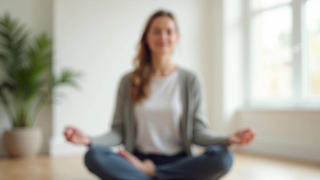 Person doing breathing exercises in a calm interior space with soft lighting