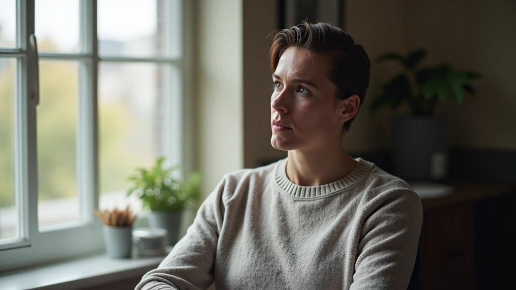 Person sitting by window with notebook, natural light reflecting on thoughtful expression