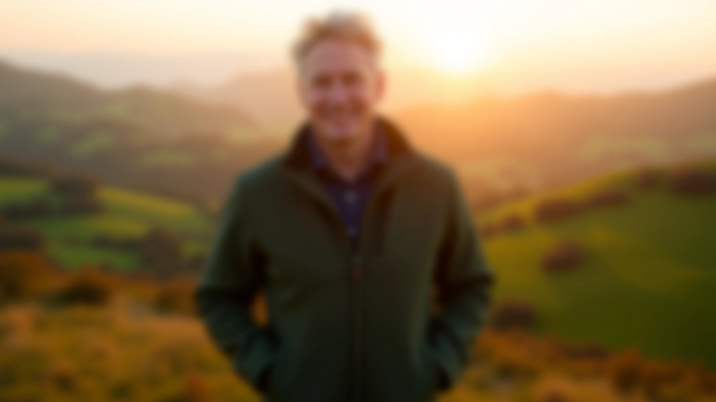Person outdoors in nature, standing peacefully on hillside overlooking landscape at sunrise or sunset