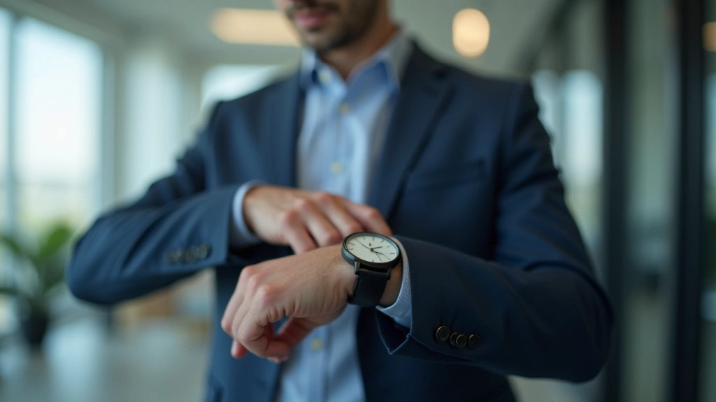 Wristwatch showing time, person in professional attire checking watch, office desk background with natural light