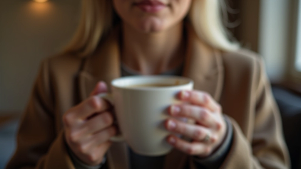 Close-up of hands holding a warm mug with steam rising, person sitting in a calm interior space with natural light