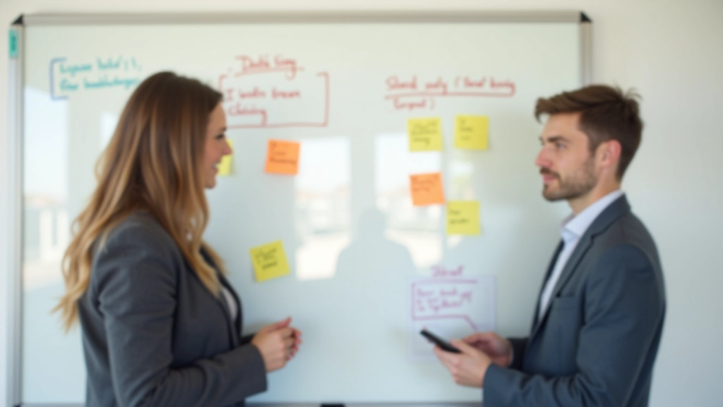 Two colleagues discussing project on whiteboard with sticky notes and diagrams