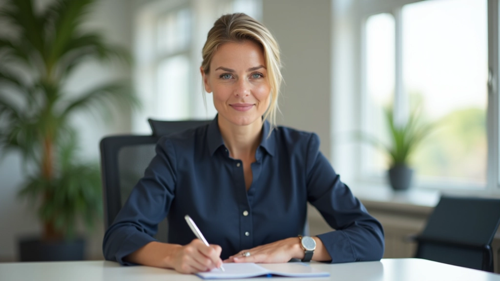 Professional working at desk with notepad and pen, taking notes during work