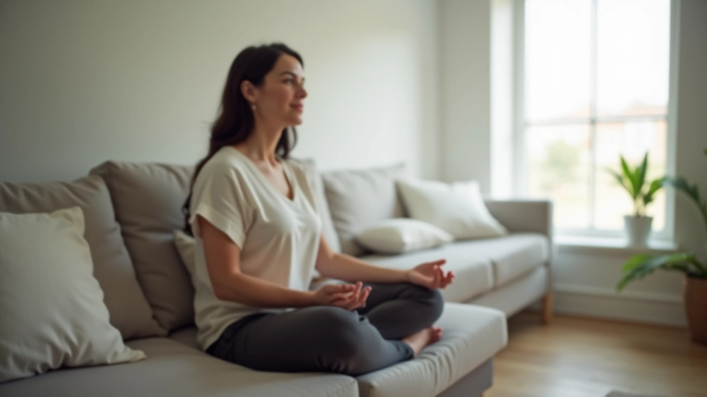 Person sitting in meditation posture, natural light streaming through window, peaceful interior environment with minimal decoration