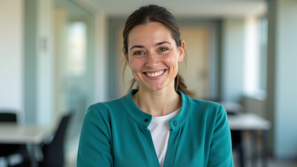 Professional woman with warm expression, portrait from chest up, office setting, professional attire