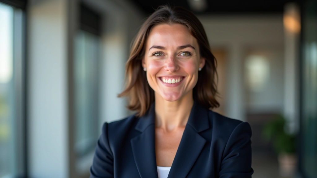 Professional woman in blue blazer, portrait from chest up, confident expression, office background